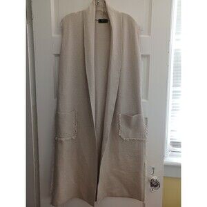 Tahari beige raw hem long open knit vest S neutral sweater duster Lagenlook arts